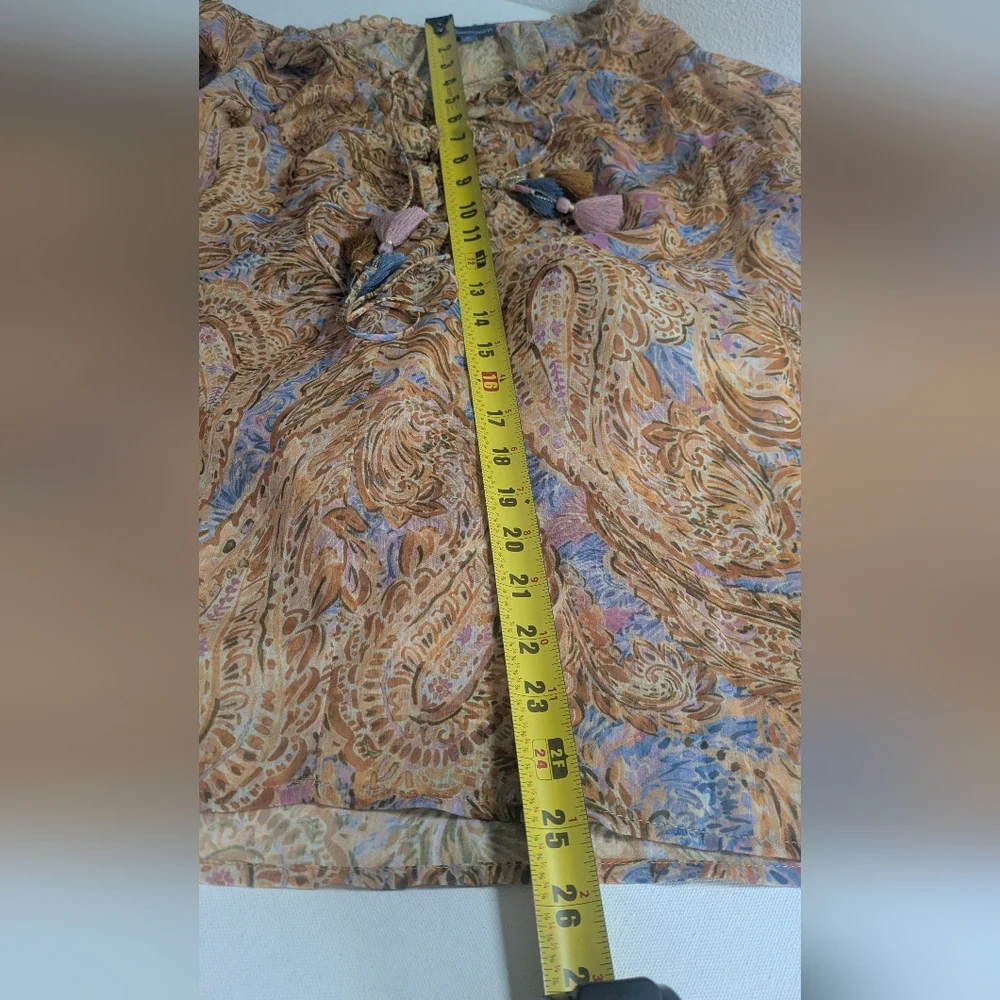 Democracy Womens Yellow Brown Paisley Sheer Peasant Top + Blouse Size L $88 EUC - Picture 11 of 13